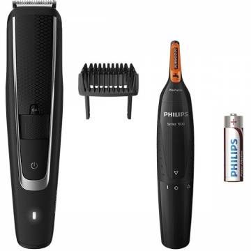 Pachet aparat de tuns barba PHILIPS BT5503/85 + trimmer nas si urechi, acumulator, 60 min autonomie, negru