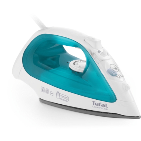 Fier de calcat Tefal Comfort Glide FV2682E0, Talpa non-stick, 2500 W, 0.27 l, debit 40 g/min, jet 145 gr/min, Alb/Turcoaz