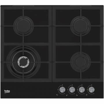 Plita incorporabila Beko HILW64225S, Gaz, 4 Arzatoare, Arzator Wok, 60 cm, Sticla neagra