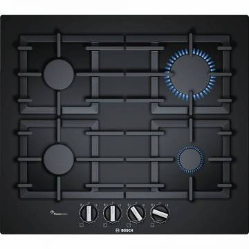 Plita incorporabila Bosch PPP6A6B90, gas, 4 arzatoare, Gratare fonta, Sticla neagra