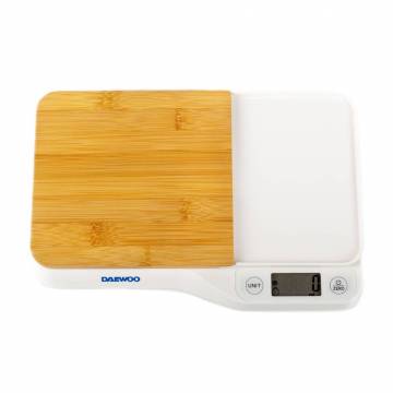 Cantar de bucatarie cu tocator Daewoo DKS10W, 5 kg, 1 g, tocator din bambus, LCD, Alb