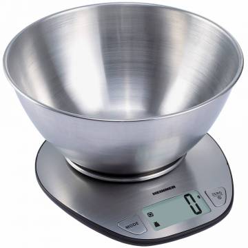 Cantar de bucatarie cu bol Heinner HKS-5SS, bol 5kg, full inox, functie tara, functie cantarire lichide, 1g, display lcd, Inox