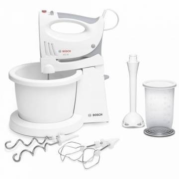 Mixer cu bol Bosch MFQ3561W, 450 W, Bol rotativ, 5 viteze+Turbo, Vas gradat, Alb/Gri