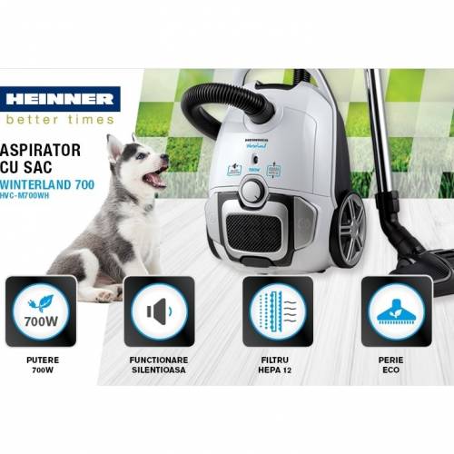 joy Perforate Horizontal Aspirator cu sac Heinner HVC-M700WH, operare silentioasa 69dB, filtru HEPA 12, perie ECO, putere 700W, putere de absorbtie 150W, sac textil 3L, Alb - Electromix joy Perforate Horizontal Aspirator cu sac Heinner HVC-M700WH, operare silentioasa 69dB, filtru HEPA 12, perie ECO, putere 700W, putere de absorbtie 150W, sac textil 3L, Alb - Electromix