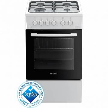 Aragaz Arctic AGM5611DTTL, 4 arzatoare, Gaz, Aprindere electrica plita/cuptor, Safety Plus, Grill, Rotisor, Timer, Arzatoare cu eficienta ridicata, 50 cm, Alb