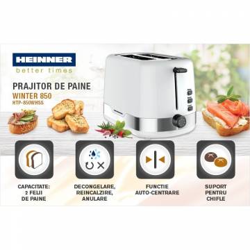 Prajitor de paine Heinner HTP-850WHSS, 850 W, 7 nivele de rumenire, 3 functii, Alb/Inox