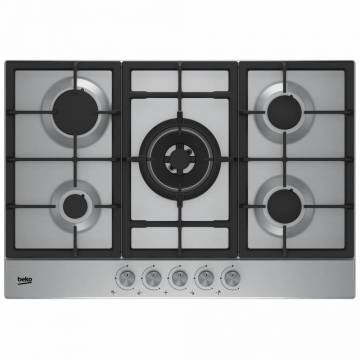 Plita incorporabila Beko HIAW75225SX, Gaz, 5 arzatoare, Gratar fonta, Wok, Inox
