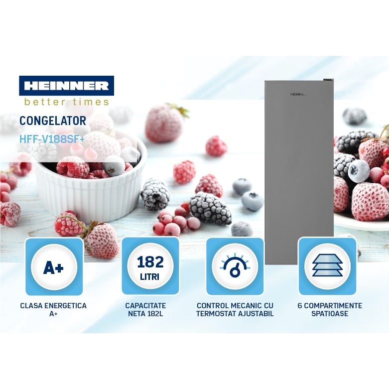 Congelator Heinner HFF-V188SF+, 182 l, Clasa F, 6 sertare, Control mecanic, H 145.5 cm, Argintiu