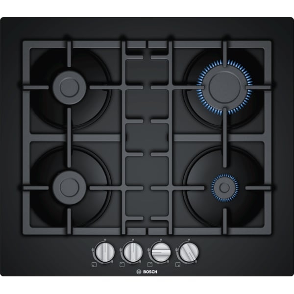 Plita incorporabila Bosch PNP6B6B90, Gaz, 4 Arzatoare, Aprindere electrica, Gratare fonta, 60 cm, Sticla neagra