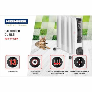 Calorifer electric cu ulei Heinner HOH-YV13BK, 2500 W, 13 elementi, ventilator 400W, protectie supraincalzire, termostat reglabil, alb