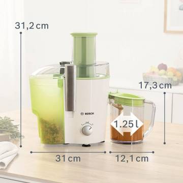 Storcator de fructe si legume Bosch MES25G0, 700 W, Recipient suc 1.25 l, Recipient pulpa 2 l, 2 Viteze, Tub de alimentare 73 mm, Alb/Verde