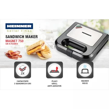 Sandwich maker Heinner SM-K750BKS, 750 W, placi antiadezive fixe tip grill, Negru/Inox