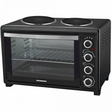 Cuptor electric Heinner HCE-452BK, 1600W, 45 L, Convectie, Doua plite, Timer, Lumina, 6 Functii, tava si gratar incluse, Negru