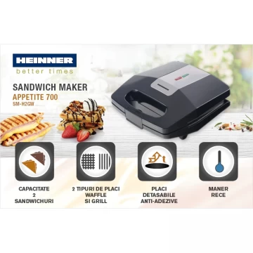 Sandwich maker Heinner SM-H2GW, 700 W, 2 sandwich-uri, 2 tipuri de placi, placi detasabile, Negru/Inox