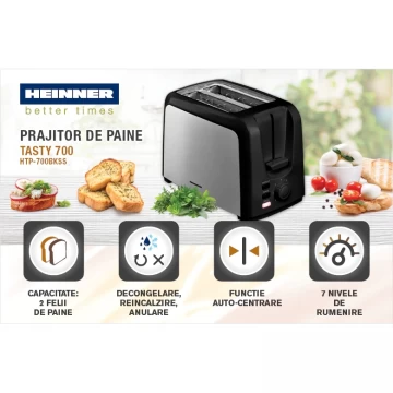 Prajitor de paine Heinner HTP-700BKSS, 750 W, 7 nivele de rumenire, 3 functii, Negru/Inox