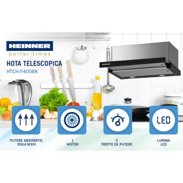 Hota incorporabila telescopica Heinner HTCH-F400BK, Putere de absorbtie 358.4 mc/h, 1 motor, 60 cm, Negru