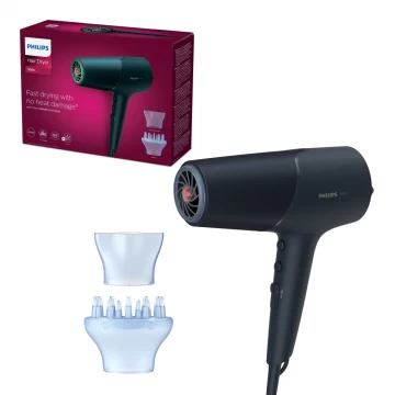 Uscator de par Philips BHD512/00, 2300W, tehnologie ThermoShield, ingrijire cu ioni, 3 setari de temperatura, 2 setari de viteza, difuzor, cap de coafare 11 mm, Albastru