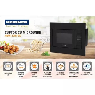 Cuptor cu microunde incorporabil Heinner HMW-23BI-BK, 23 l, 800 W, Digital, Timer, Grill, Sticla neagra