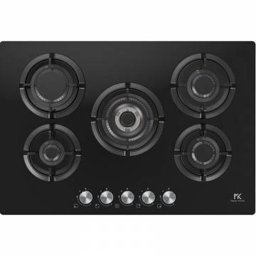 Plita incorporabila Master Kitchen MKHG 7541EDS-FTCBK, Gaz, 5 arzatoare, Gratare fonta, Arzator coroana tripla, Aprindere electica integrata, Sistem siguranta, 75 cm, Sticla neagra