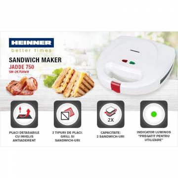Sandwich maker Heinner Jadde 750 SM-2K750WH, 750W, plite detasabile, invelis antiaderent, capacitate: 2 sandwich-uri, Alb