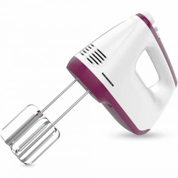 Mixer de mana Heinner HM-400BG, putere: 400w, 2 teluri si 2 carlige din inox, 6 viteze + turbo, self stand, alb/burgundy