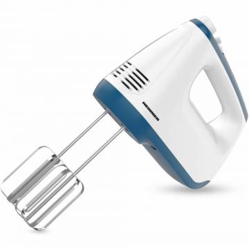 Mixer de mana Heinner HM-400BL, 400 w, 2 teluri si 2 carlige din inox, 6 viteze + turbo, self stand, alb/albastru