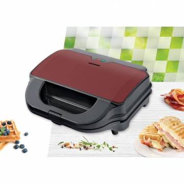 Sandwich maker Heinner SM-2H900BKS, 900 W, placi XL, 2 placi detasabile antiadezive: waffle, grill, Negru/Rosu