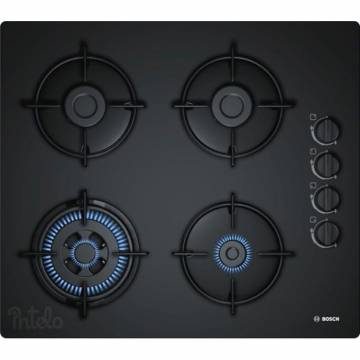 Plita incorporabila Bosch POH6B6B10, 4 Arzatoare, Gaz, Aprindere electrica, Arzator Wok, 60 cm, Negru