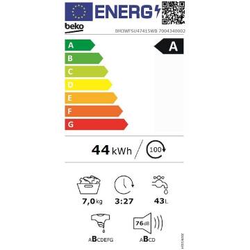 Masina de spalat rufe Beko BM3WFSU47415WB, 7 kg, 1400 rpm, Clasa A, Motor ProSmart Inverter, SteamCure, AddXtra, EnergySpin, Coldwash, Alb