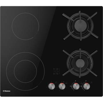 Plita incorproabila Hansa BHMS61414030, Mixta, 2 zone gaz, 2 zone vitroceramice, Aprindere electrica, Sticla neagra