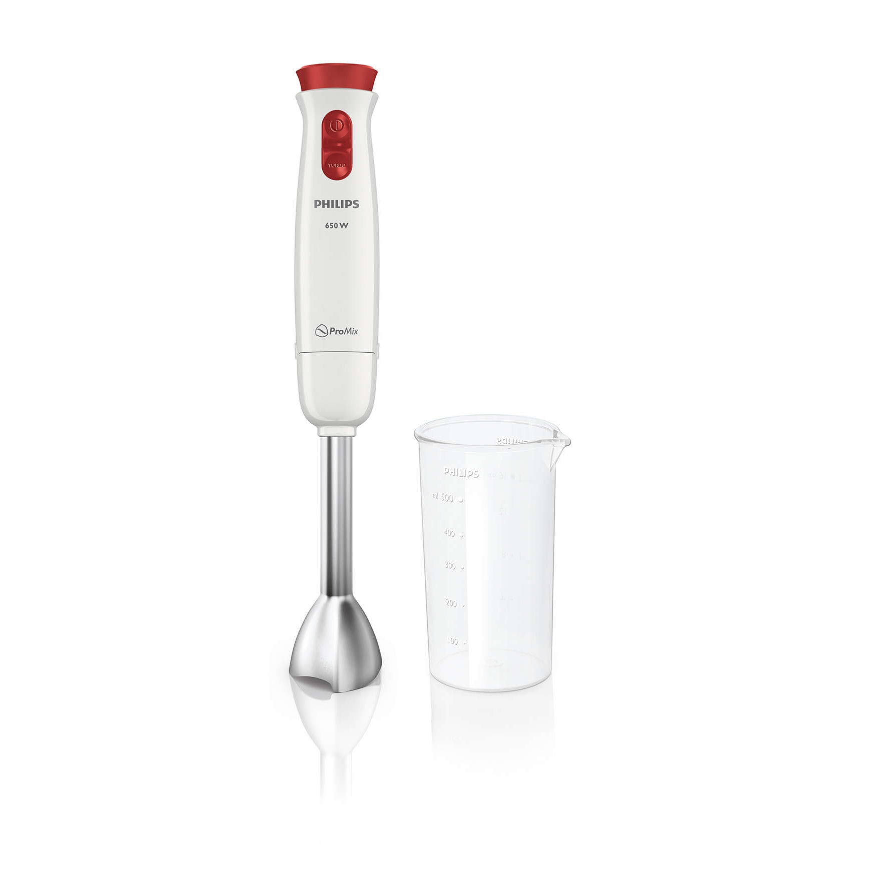 Mixer vertical Philips Daily Collection HR1621/00, 650 W, 2 Viteze + Functie Turbo, 0.5 l, Alb/Rosu