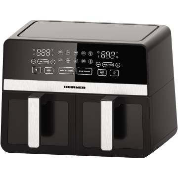 Friteuza dubla cu aer cald Heinner SimCook HAF-K10DB24BK, 2400W, capacitate 9.5L, termostat reglabil cu afisaj LED, control digital individual, 10 programe prestabilite, temporizator 60 min. cu avertizare sonora, Negru