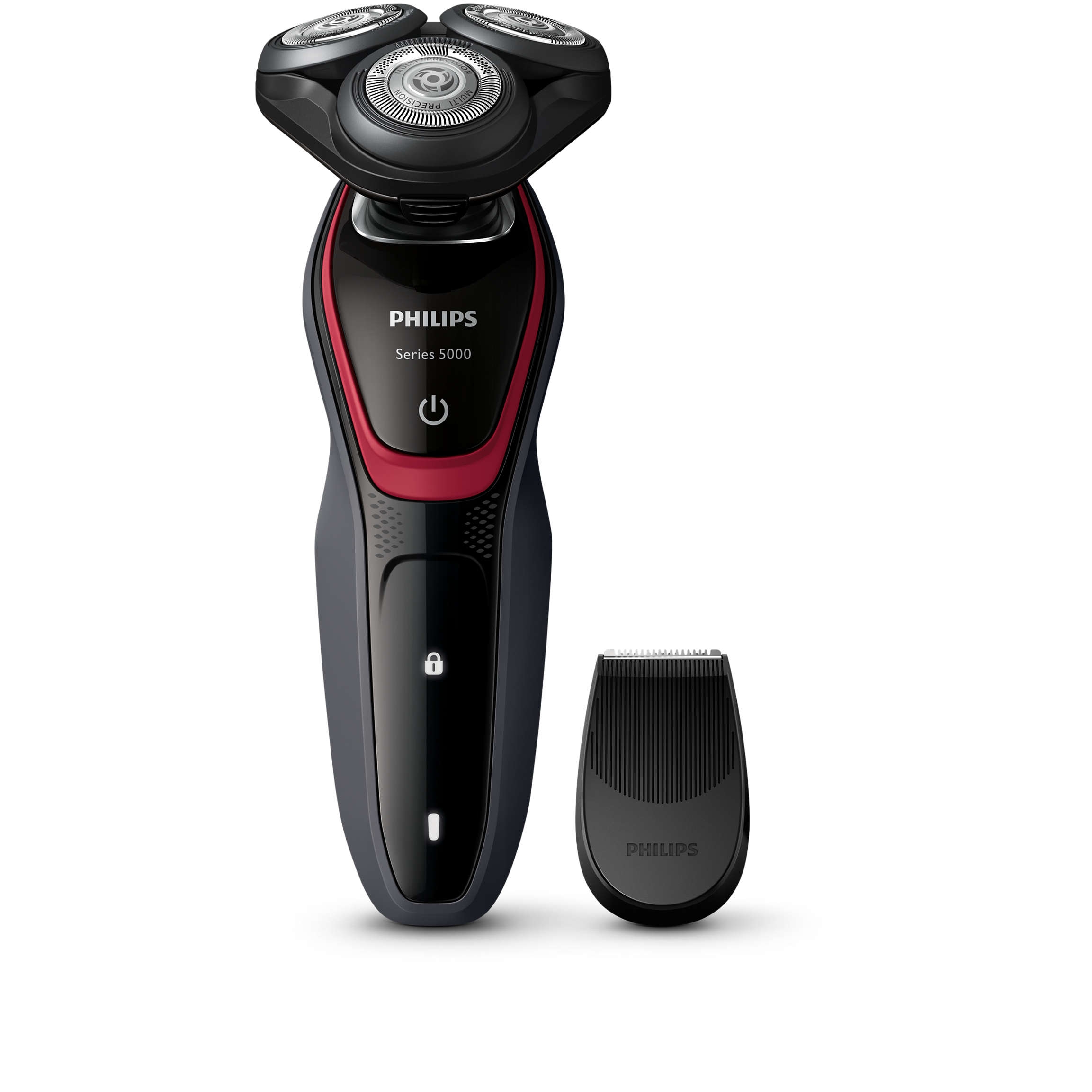 Aparat de ras Philips S5130/06, Lame Multiprecision, LED, Acumulator, 3 capete, Rotire in 5 directii, Aparat tundere de precizie, Negru