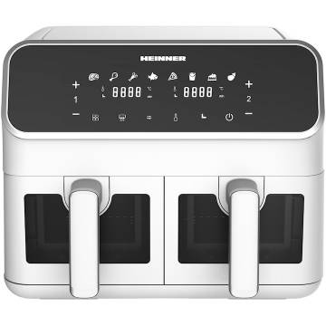 Friteuza dubla cu aer cald Heinner DualFry Supreme HAF-H8DB17WH, 1700W, capacitate totala: 8L, display digital, control touch, control individual, 8 programe, functii SYNC & MATCH, ferestre supraveghere, alb
