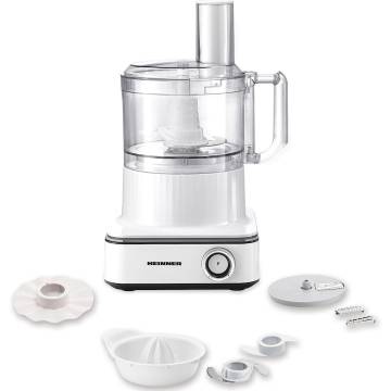 Robot de bucatarie Heinner FineGourmet HFP-K1000WP, 1000W, 6 viteze+pulse, bol procesare: 2.3L, lame inox, disc framantare, 3 lame feliere, disc emulsifiere, cana plastic 1.5l, storcator citrice, alb