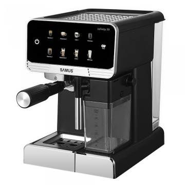 Espressor Samus INFINITY 20, 1350 W, 20 Bari, Rezervor apa 1800 ml, Rezervor lapte 500 ml, 7 Optiuni de cafea, Duza spumare si tavita de colectare detasabile, Negru/Inox
