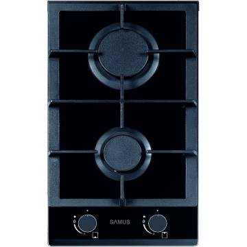 Plita incorporabila Samus PSG-32SG, Gratar din fonta, Sticla, 2 arzatoare pe gaz, Sistem de siguranta, Aprindere electrica, Negru