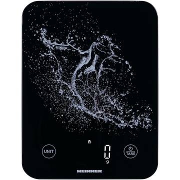 Cantar de bucatarie Heinner HKS-BK10USB, 10kg, sticla securizata 3mm, display led, control touch, gradare: 1g, functie Cantarire lichide, incarcare type-c, acumulator li: 3.7v, negru
