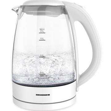 Fierbator electric Heinner HEK-2200GWH, 1850-2200W, 1.7L, filtru detasabil, baza incalzire cu lumina LED, protectie impotriva functionarii fara apa, oprire automata, spatiu depozitare, cablu alimentare, picioruse antialunecare, corp din sticla, alb