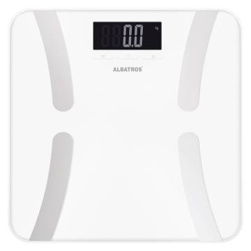 Cantar de baie cu analizator corporal Albatros HARMONY, Greutate maxima 180 kg, Diviziune de 100g, Masoara greutatea, procentaj grasime corporala, masa osoasa, cantitate apa din corp, masa musculara, Kcal, Alb