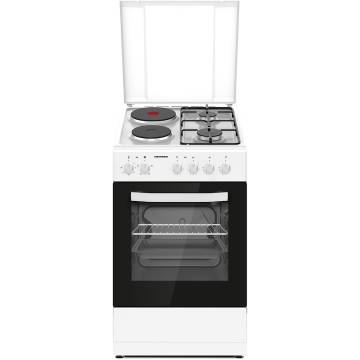Aragaz mixt Heinner HFSC-S56E2HSWH, 2 arzatoare gaz + 2 plite electrice, aprindere electrica arzatoare, cuptor electric, clasa A, grill, 50x60 cm, alb