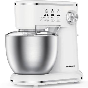 Mixer planetar Heinner HPM-1000WHCH , 1000w, bol inox 5l, 10 viteze, accesorii tel, carlig framantare, paleta, capac transparent protectie, Alb