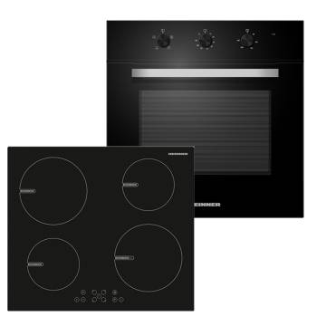Pachet Cuptor incorporabil Heinner HBO-M654G-GBK, Electric,70 l, Timer mecanic, Grill, Iluminare, Clasa A, Sticla neagra + Plita incorporabila Heinner HBHI-V591BTC, Inductie, 4 zone de gatit, Touch control, Boost 1 zone, 60 cm, Negru