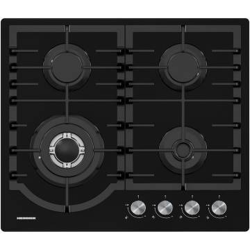 Plita incorporabila Heinner HBH-M447IWFGBK, Gaz, 4 arzatoare, Gratar fonta, Wok, Aprindere electrica, Dispozitiv de siguranta, 60 cm, Sticla neagra