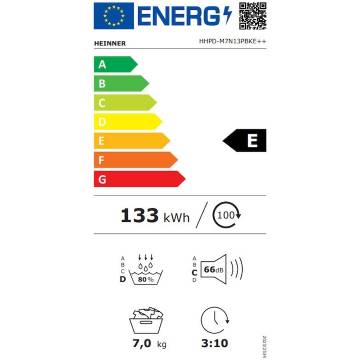 Uscator de rufe Heinner HHPD-M7N13PBKE++, Pompa de caldura, 7 kg, 16 programe, Clasa E, Display LED, Functie anti-sifonare, Lumina cuva, Indicator curatare filtru scame, Indicator rezervor colectare apa plin, Blocare acces copii, Alb