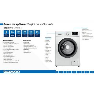 Masina de spalat rufe DWD-MV1011-5 Daewoo, 6 kg, 1200 rpm, clasa A, motor inverter, Program Abur, 16 programe, ECO Wash, Quick Wash, Baby Care, Child Lock, Alb