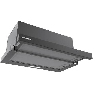 Hota telescopica Heinner HTCH-MD600GBK, 60cm, 630 m3/h, 2 trepte de viteza, motor: 1 x 215w, lumina led: 1 x 1.5w, 2 filtre aluminiu, diametru tub de evacuare: 150 mm, negru+sticla