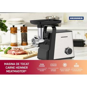 Masina de tocat HEINNER HMG-2100SS3, 2100 W, 2 viteze, 3 site metalice, Accesoriu rosii, kibbe si carnati, Cutite Inox, Functie Reverse Negru/Inox