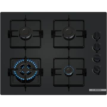 Plita incorporabila Bosch POH6B6K30, Gaz, 4 arzatoare, Arzator Wok, Gratar otel, 60 cm, Sticla neagra