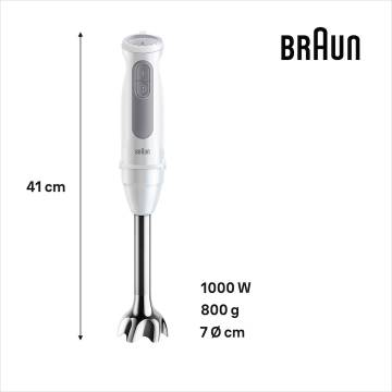 Mixer vertical Braun MQ50236M, 1000 W, 21 trepte viteza, Functie Turbo, Tocator 500 ml, Tel, Pahar gradat 600 ml, Alb/Gri